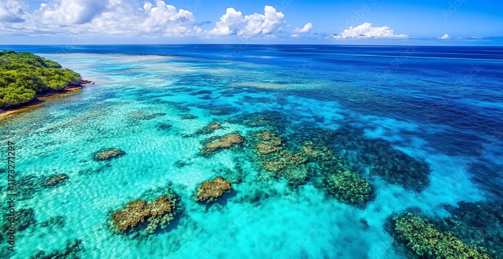 Aerial view of a tropical island with turquoise water and coral reefs. Aerial view of a tropical island with turquoise water and coral reefs.