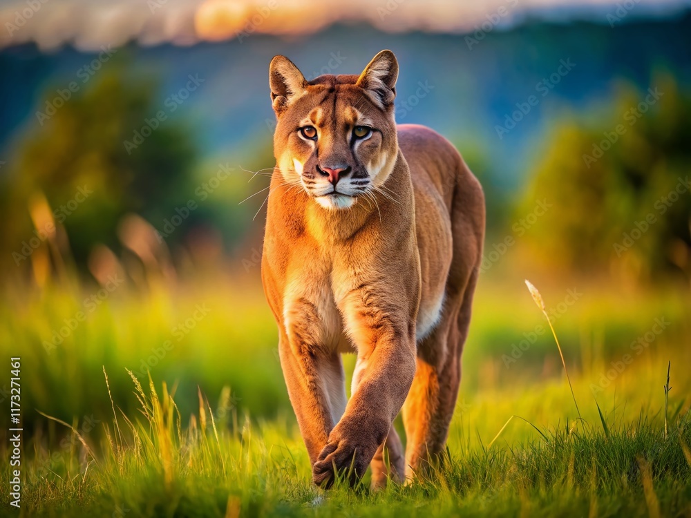 Fototapeta premium Graceful Puma in Motion: Wildcat Walking Through Savannah Grassland