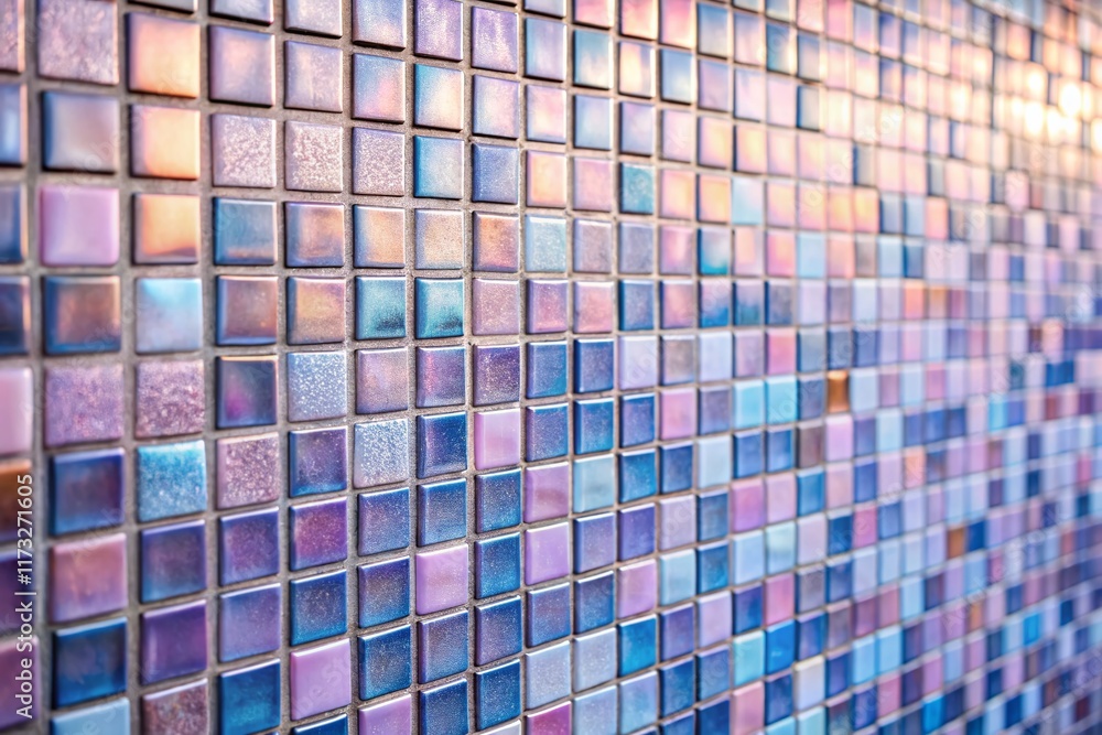 Fototapeta premium Gradient Square Mosaic Wall Tiles Peach Lavender Blue Silver High Depth of Field Stock Photo