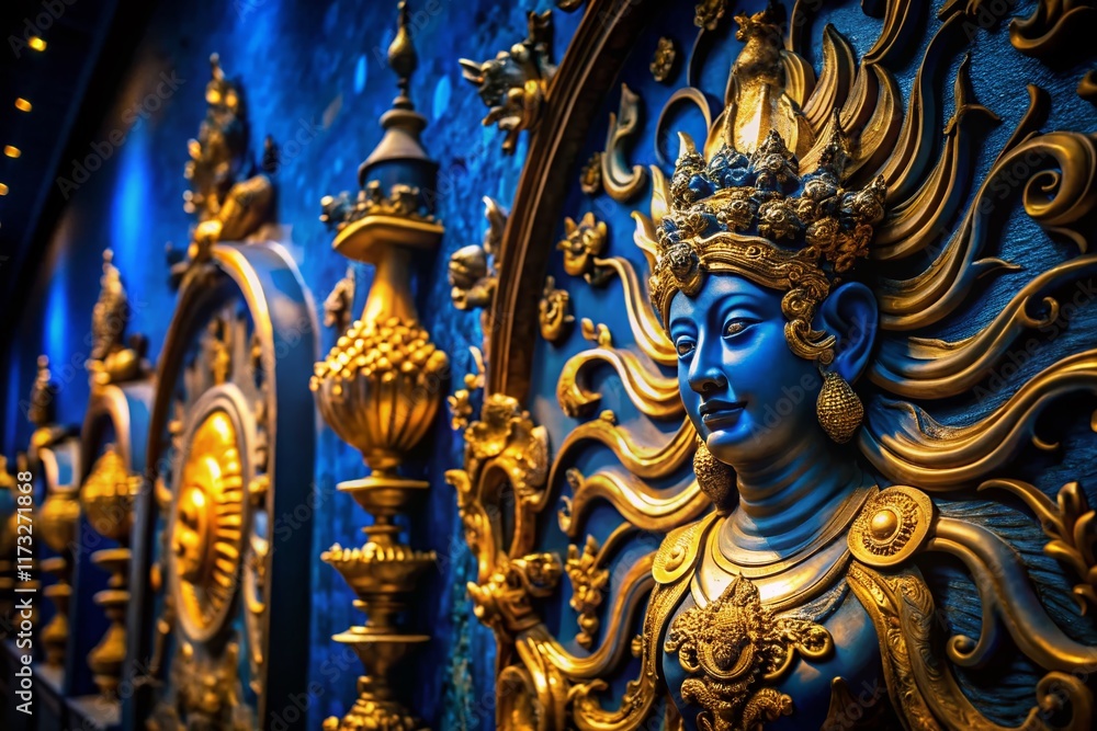 Fototapeta premium Grandiose Blue & Gold Art Sculpture Silhouette in Dimly Lit Gallery