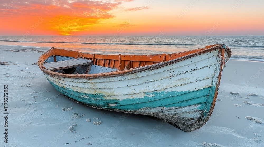 Fototapeta premium Weathered wooden boat on sandy beach at sunset.