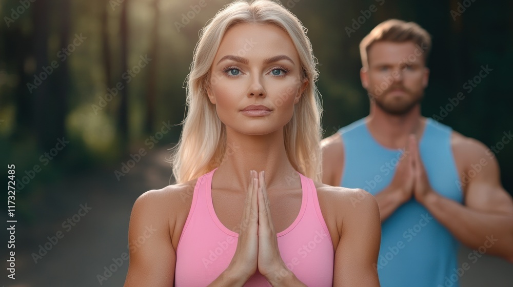 Couple practicing yoga outdoors, serene forest background. Peaceful moment of mindfulness and harmony. Couple practicing yoga outdoors, serene forest background. Peaceful moment of mindfulness and harmony.