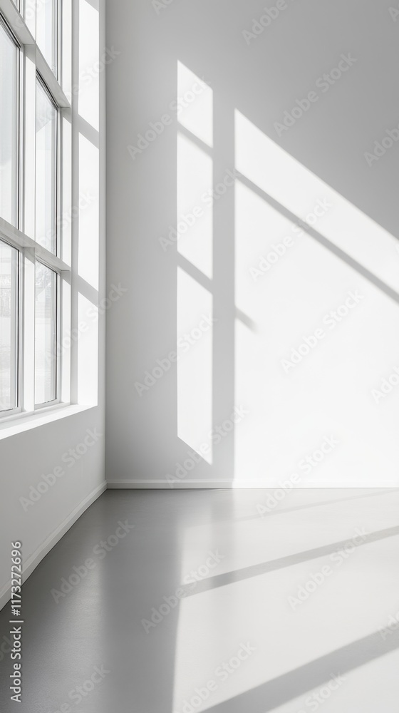 Fototapeta premium Clean studio room with spotlight focusing on a seamless white background, minimalist decor, and polished surfaces ideal for professional workspaces