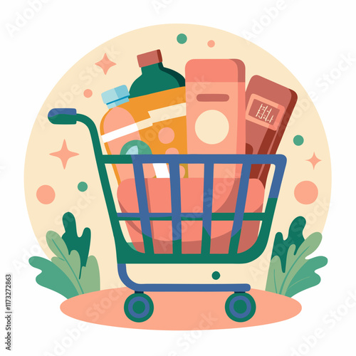 Colorful shopping cart filled with groceries in a playful illustration
