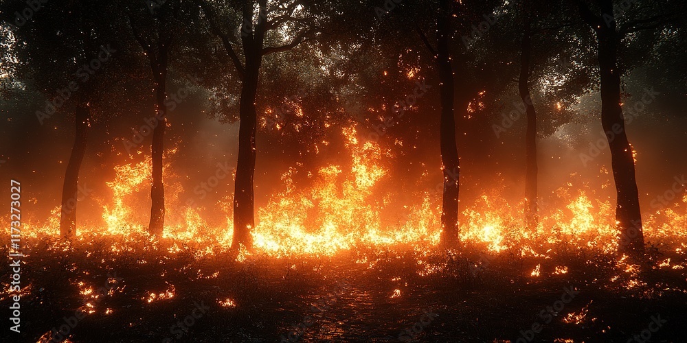 A ferocious wildfire consumes a forest, with flames reaching skyward among the trees, creating a dramatic and dangerous spectacle. The fire rages with such intensity that it lights up the evening sky A ferocious wildfire consumes a forest, with flames reaching skyward among the trees, creating a dramatic and dangerous spectacle. The fire rages with such intensity that it lights up the evening sky