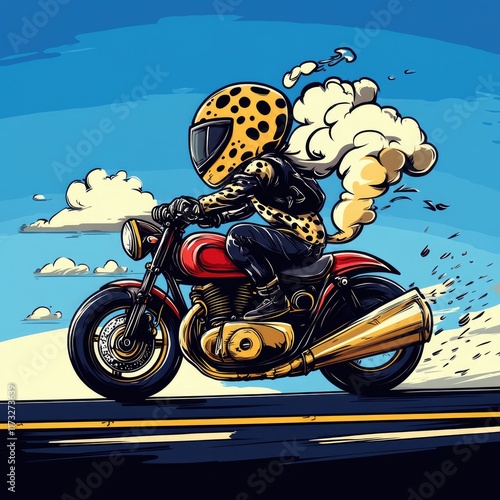 A stylized illustration of a motorcyclist in a leopard-print outfit riding a classic bike. photo