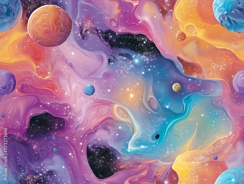 Vibrant abstract space art.  Cosmic swirls of purple, orange, and blue paint create a dreamy, otherworldly galaxy scene with planets. photo