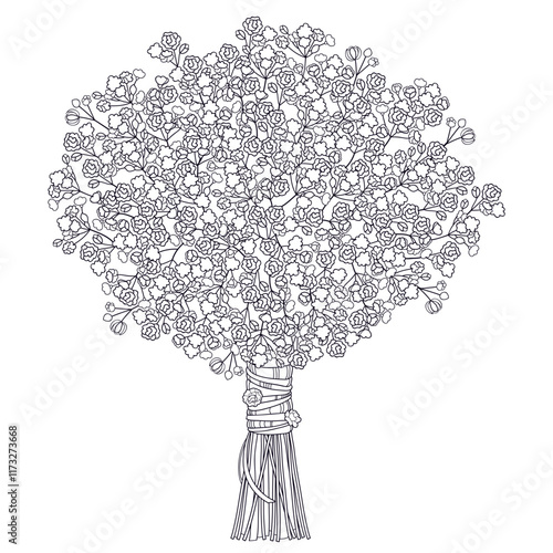 Bouquet of outline Gypsophila or Baby's breath flower bunch in black isolated on white background. 