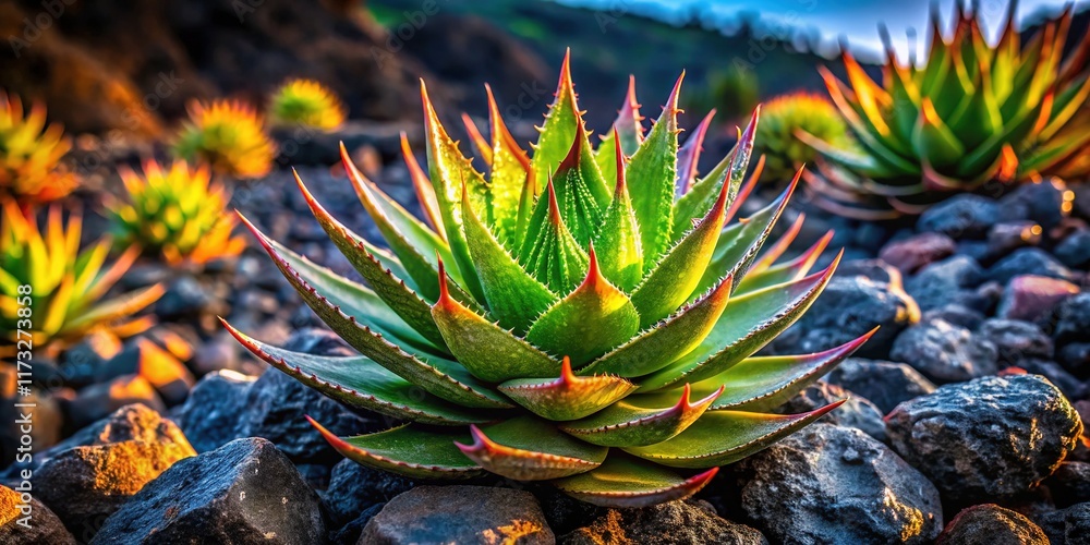 Obraz premium Tenerife Aloe Perfoliata Succulent on Volcanic Rock - Canary Islands Botanical Photography
