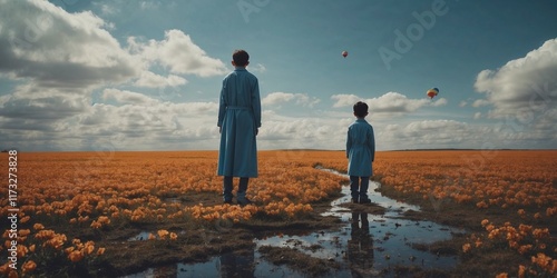 Brothers stand in a vast field of flowers, hot air balloons in the distance. A scene of quiet contemplation and hope. world autism awareness day theme photo