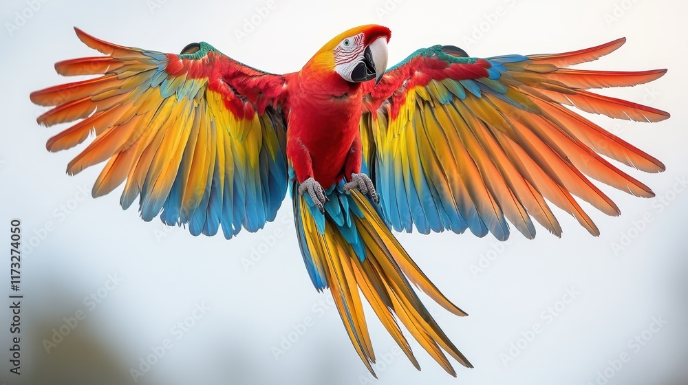 Obraz premium A magnificent macaw soars high in the sky, its vibrant wings fully extended, creating a stunning display of colors against the backdrop of a clear blue sky