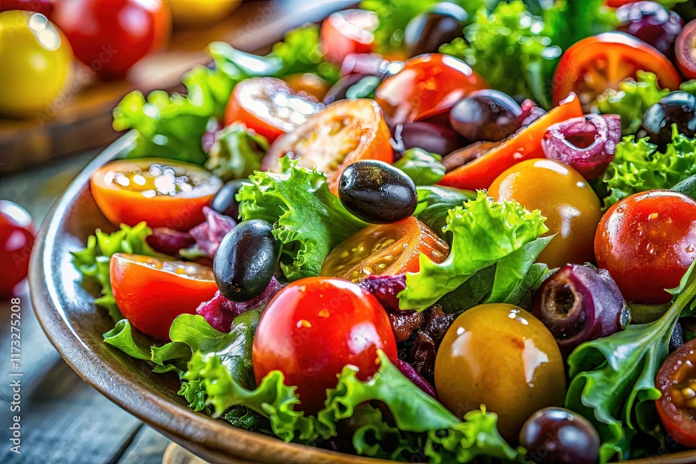 Vibrant Green Salad with Kalamata Olives: Close-up Macro Photography Vibrant Green Salad with Kalamata Olives: Close-up Macro Photography