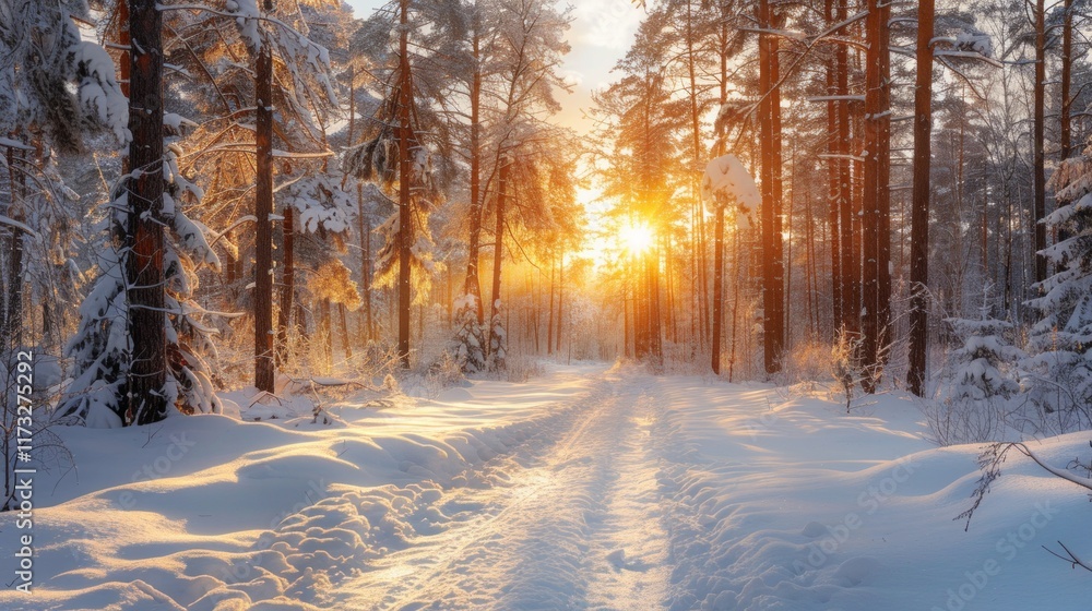Naklejka premium Snowy forest path illuminated by golden sunlight. AI generative. .