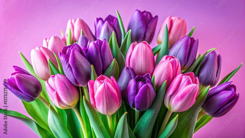 Vibrant Purple Tulip Bouquet on Pink Background - Spring Flowers