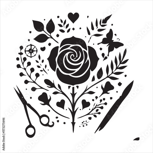 Rose silhouettes valentine day design black and white