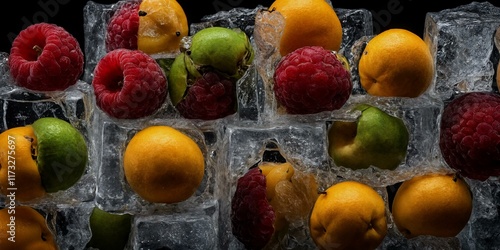 Früchte wie Himbeeren, Limetten und gelbe Aprikosen eingefroren in kristallklarem Eis – kühle Sommererfrischung photo