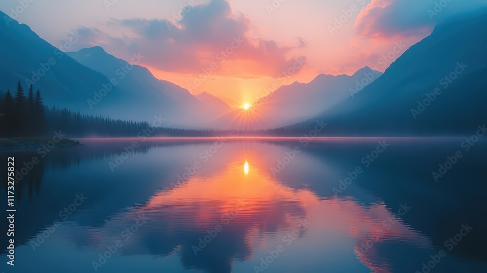 Fototapeta premium A breathtaking sunset casts vibrant colors over an alpine lake, which mirrors the majestic mountain peaks. This creates a truly serene and picturesque landscape