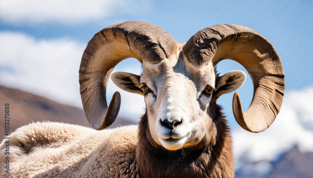 Majestic ram with impressive horns roaming in the mountains under clear blue sky Majestic ram with impressive horns roaming in the mountains under clear blue sky