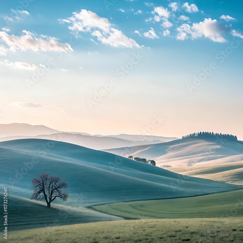 Minimalist nature landscape with pastel rolling hills, blue sky, and calm sunlight design