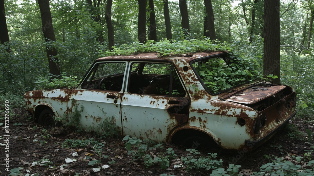 Rustic Abandoned Car Overgrown with Plants in Forest Rustic Abandoned Car Overgrown with Plants in Forest