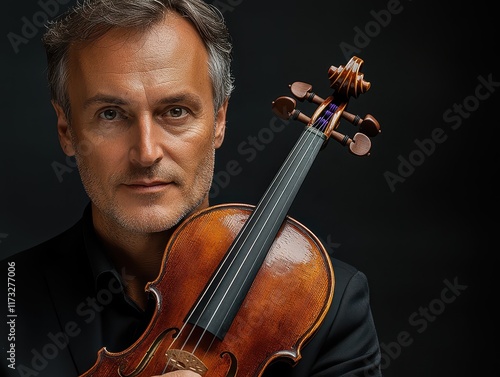 A talented musician elegantly cradles a violin, demonstrating their exceptional artistry and skill. The dramatic lighting enhances the intimacy of the performance, captivating the audience photo