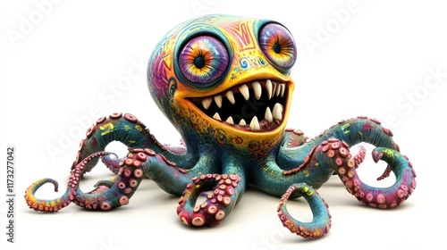 Fototapeta Naklejka Na Ścianę i Meble -  Vibrant, cartoonish octopus with painted design, wide eyes, and a toothy grin,  isolated on a white background.