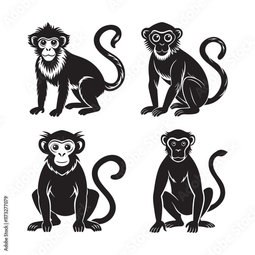 Sticker set of monkey silhouette, black and white silhouette, vector and illustration
