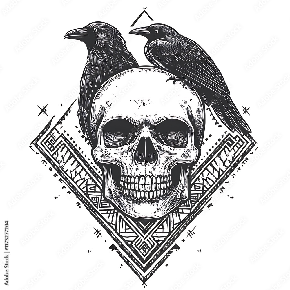 Fototapeta premium Two ravens perched on a skull with geometric pattern.