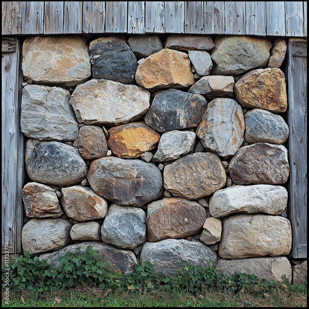 Stone foundation wall under wooden barn, plants at base Stone foundation wall under wooden barn, plants at base