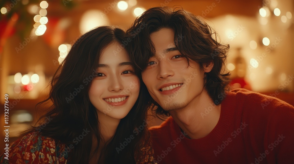 Young Asian Couple Posing Together with Warm Smiles in a Cozy Setting Young Asian Couple Posing Together with Warm Smiles in a Cozy Setting