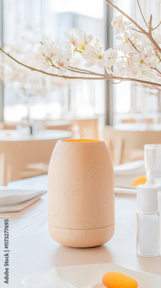 A natural wooden air diffuser on a dining table, paired with a blooming branch in soft, modern interior decor. A natural wooden air diffuser on a dining table, paired with a blooming branch in soft, modern interior decor.