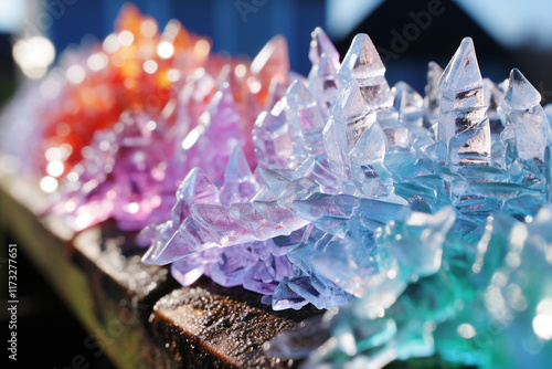 Behold mesmerizing sight of glistening ice crystals delicately blanketing plentiful emerald blades, a breathtaking tableau that harmoniously merges contrasting seasons and unveils colorful splendor of photo