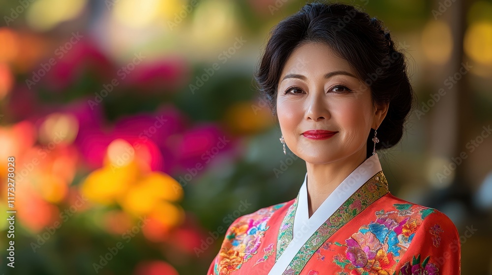 Elegant Asian Woman in Brightly Colored Hanbok Surrounded by Flowers Elegant Asian Woman in Brightly Colored Hanbok Surrounded by Flowers