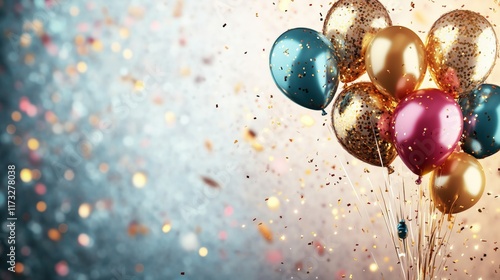 Joyful birthday celebration with vibrant golden balloons festive atmosphere colorful background cheerful vibe