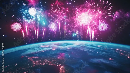 Colorful fireworks explode over Earth in space.