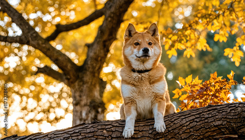 Shiba Inu sitting on a log among vibrant autumn foliage in a serene park during golden hour photo