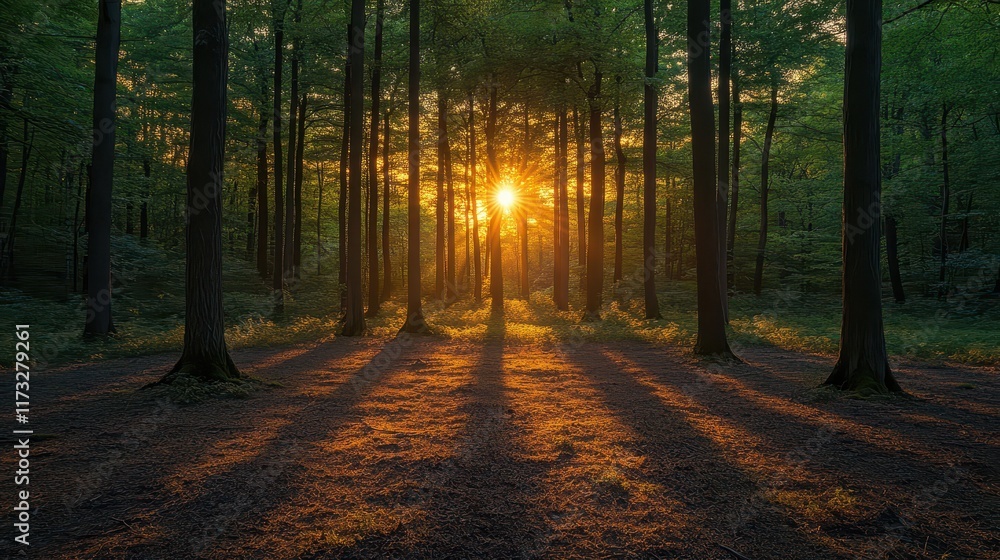 Fototapeta premium As the sun sets, it bathes the tranquil forest in a warm, golden light. The rays filter through the trees, creating long shadows and enhancing the serene beauty of the peaceful surroundings
