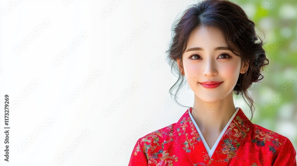 Beautiful Asian Woman in Vibrant Red Attire with Soft Smile Beautiful Asian Woman in Vibrant Red Attire with Soft Smile