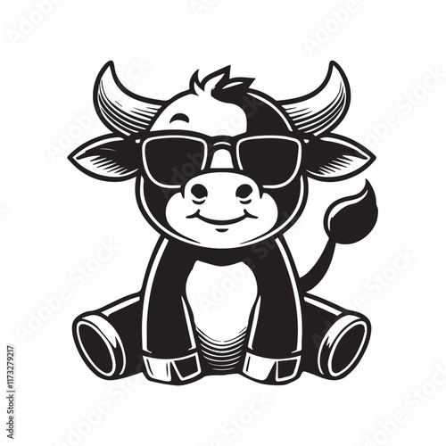 Joyful Baby Bull sitting wearing sunglass illustration vector, Funny Bull Clipart Design