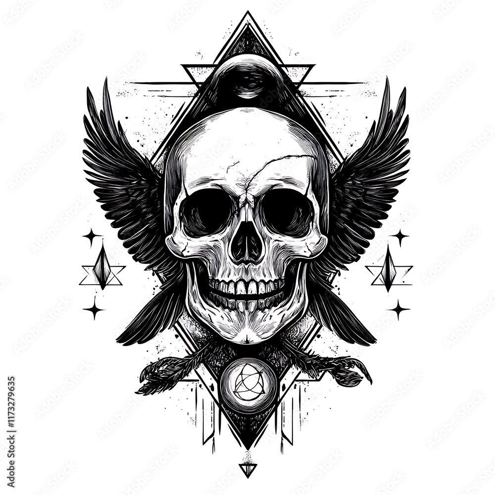 Fototapeta premium Skull with raven wings, geometrical background.