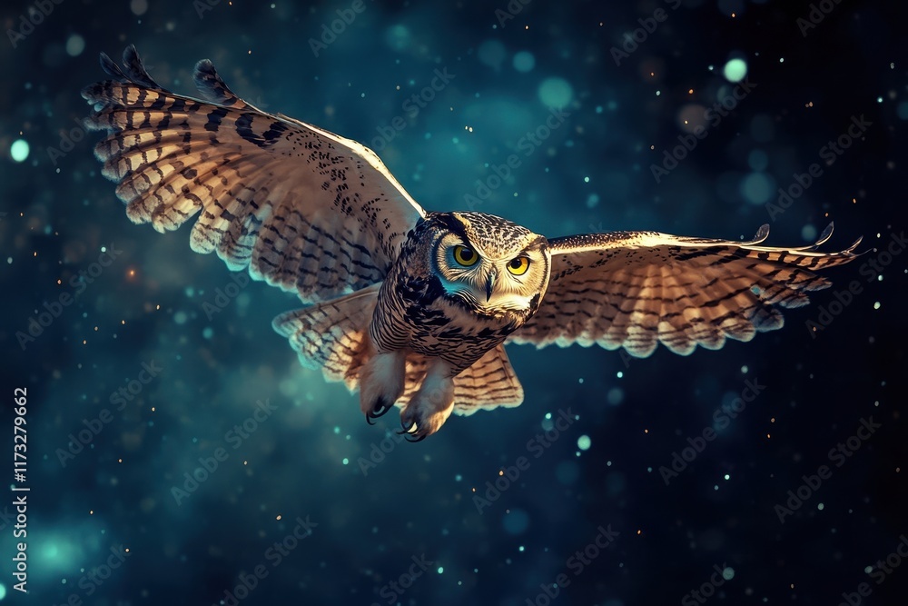 Fototapeta premium Majestic owl soaring through a starry night sky in search of prey over a serene landscape