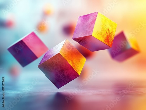 A stunning visual display unfolds as vibrant, floating geometric shapes dance gracefully against a beautifully soft, blurred backdrop, capturing the viewer's attention photo