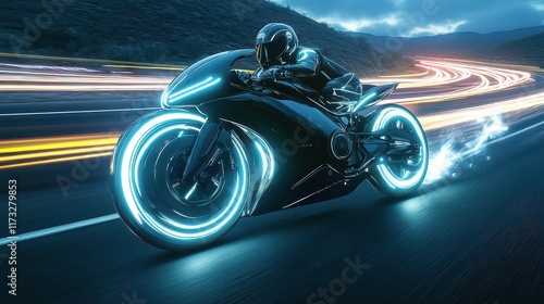 Sleek neon motorcycle racing through a twilight landscape with glowing wheels illuminating the dark road ahead, showcasing speed and modern design