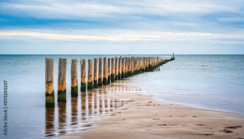 Obraz premium Wooden posts extend into calm waters at a tranquil beach during overcast weather