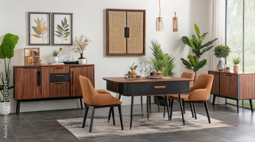 Mid-century modern dining set with dark wood and mustard chairs. Mid-century modern dining set with dark wood and mustard chairs.