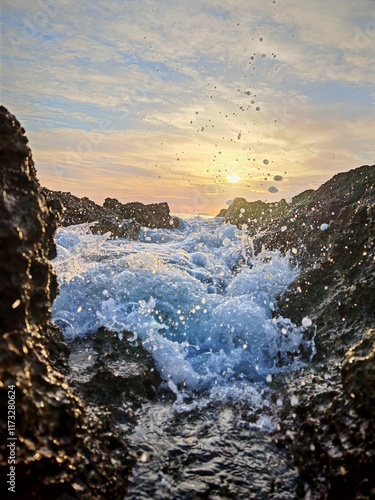 Water running through rocks at dramatic scene