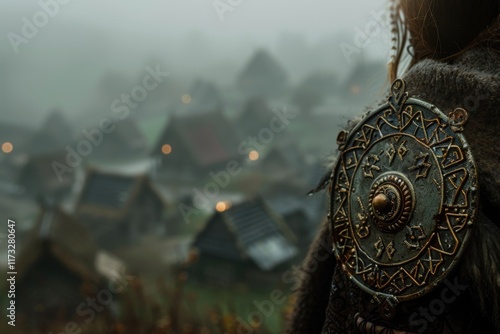 Detailed Viking shieldmaiden brooch against blurred village backdrop photo