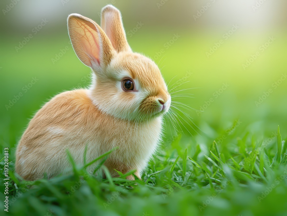 Small rabbit enjoying a sunny day in lush green grass with its ears perked up, observing surroundings in a tranquil environment filled with nature Small rabbit enjoying a sunny day in lush green grass with its ears perked up, observing surroundings in a tranquil environment filled with nature