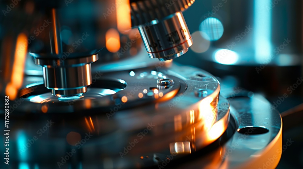 Close-up of a metal microscope with a bright orange glow. AI generative. . Close-up of a metal microscope with a bright orange glow. AI generative. .