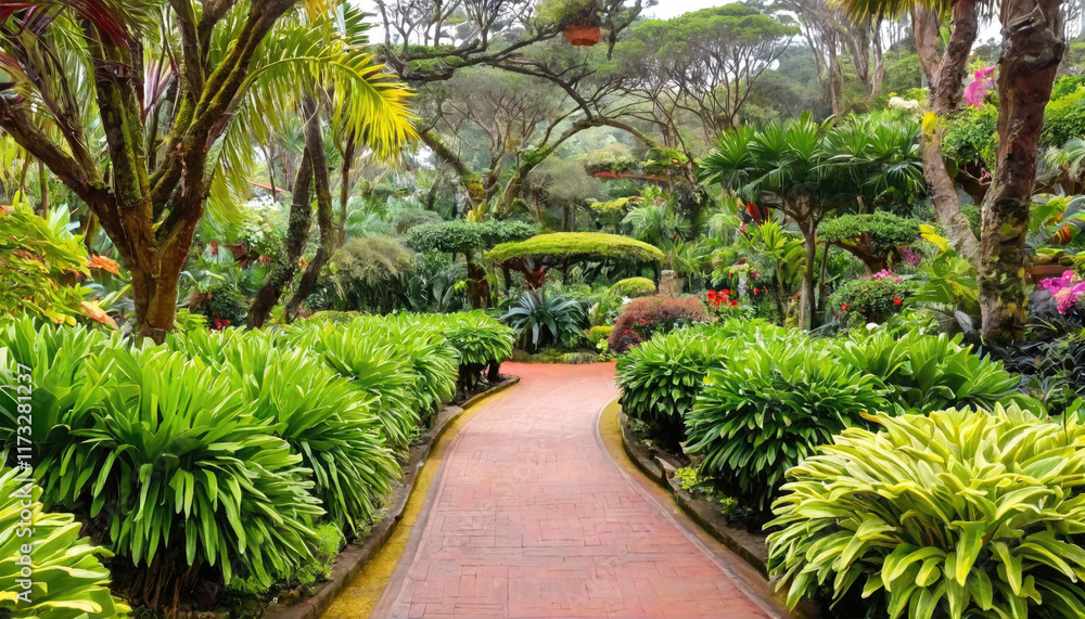 Pathway through a lush tropical garden filled with vibrant foliage and colorful flowers in a serene setting Pathway through a lush tropical garden filled with vibrant foliage and colorful flowers in a serene setting